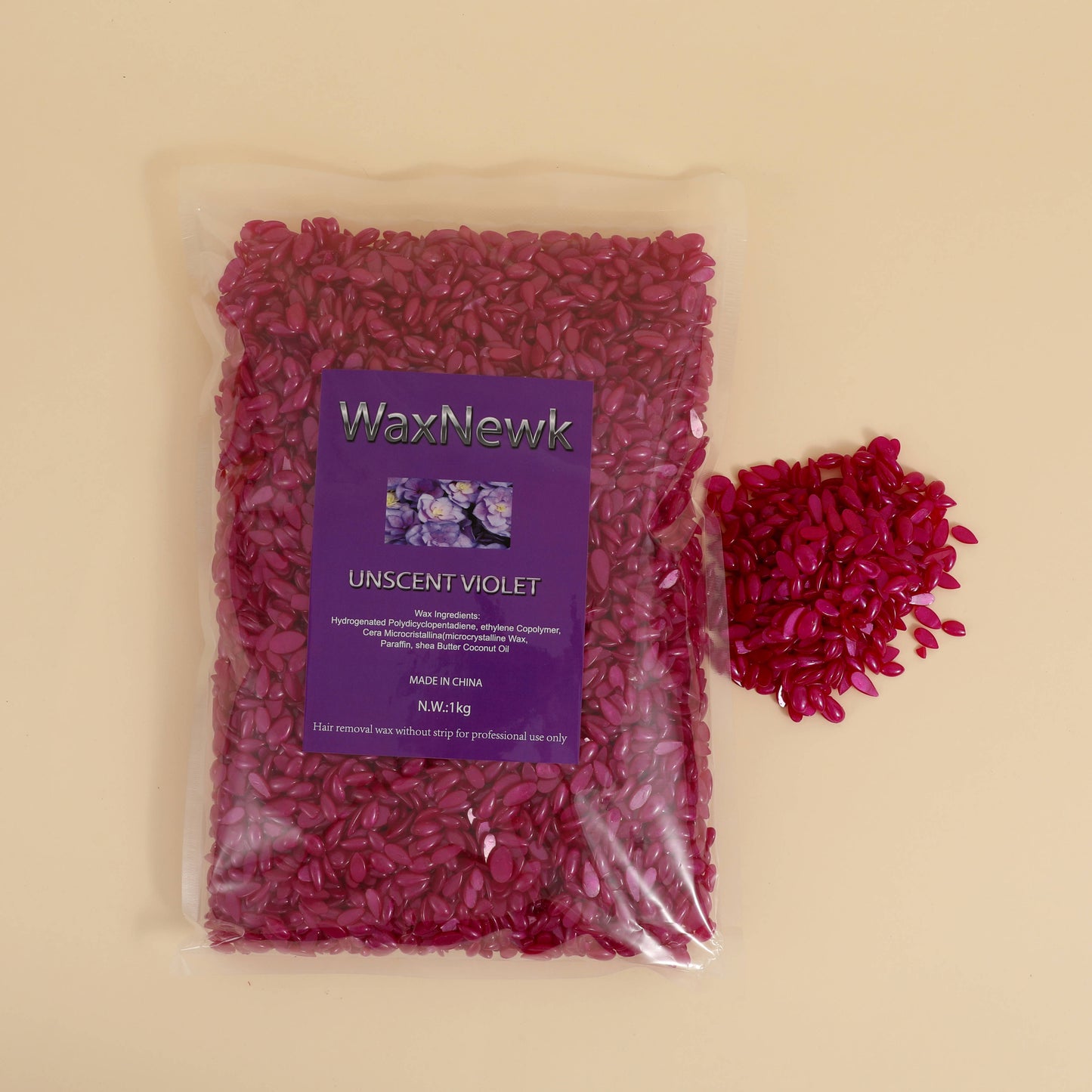WaxNewK Water Drop Shape 1kg Waxing Bean Low Temperature Wax Viscosity Hypoallergenic UnScent Rosin-Free Glitter Violet Hard Wax