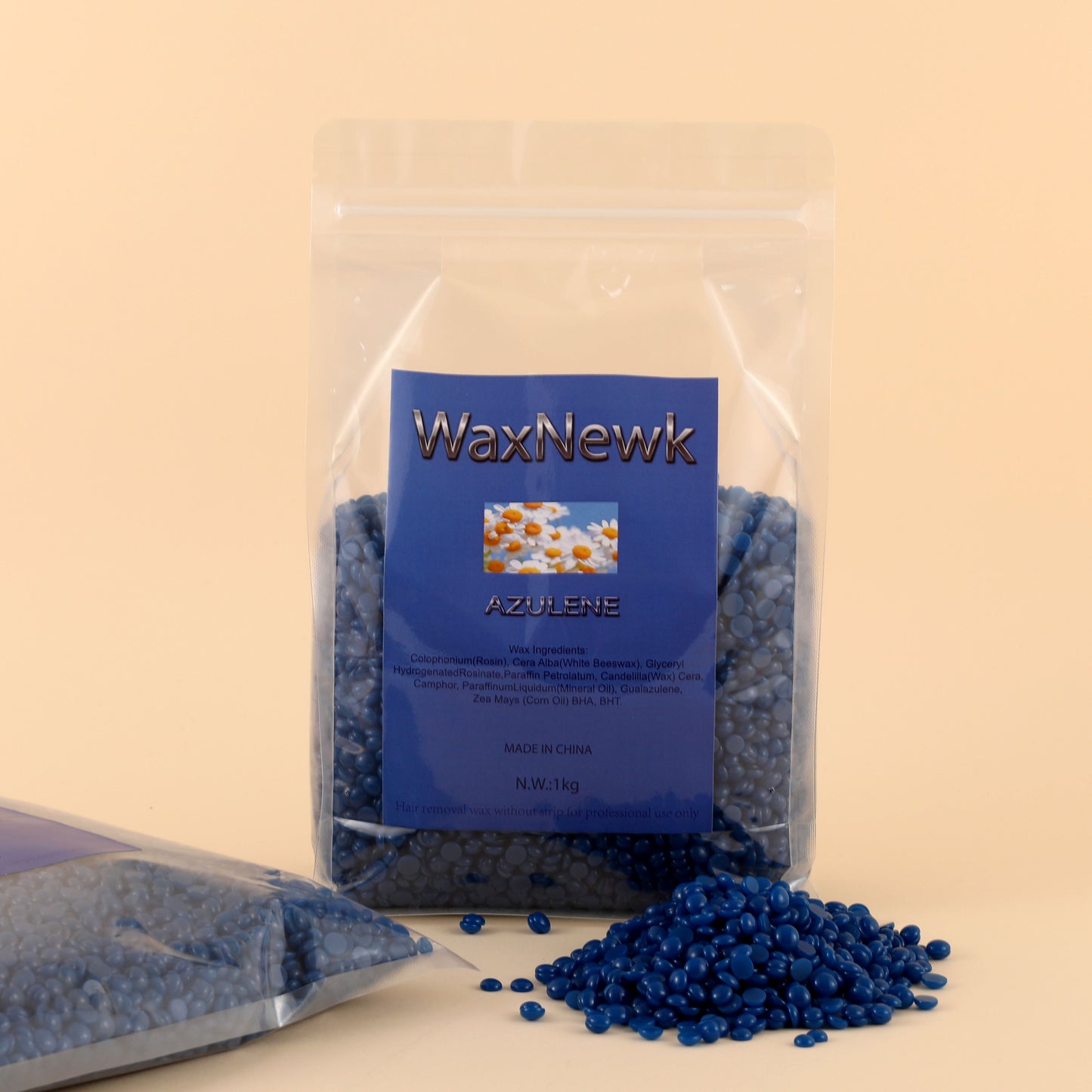 WaxNewK azulene wax 1kg 2.2 Lb 2.2 pound sensitive skin dry fast waxing rosin blue chamomile painless body hard wax beads