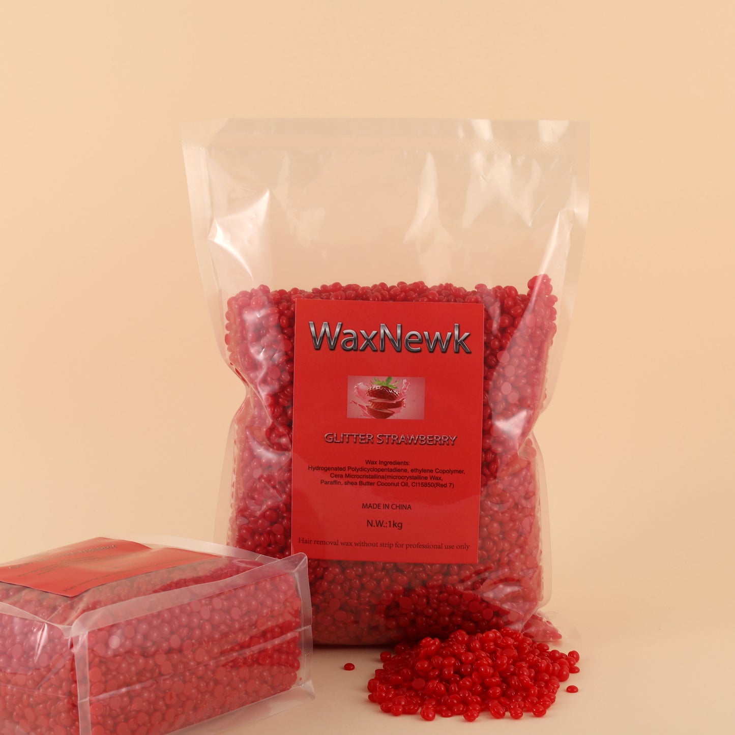 WaxNewk glitter strawberry 1kg 2.2LB unscent Rosin-Free low melting point body wax viscosity free paper hypoallergenic Wax