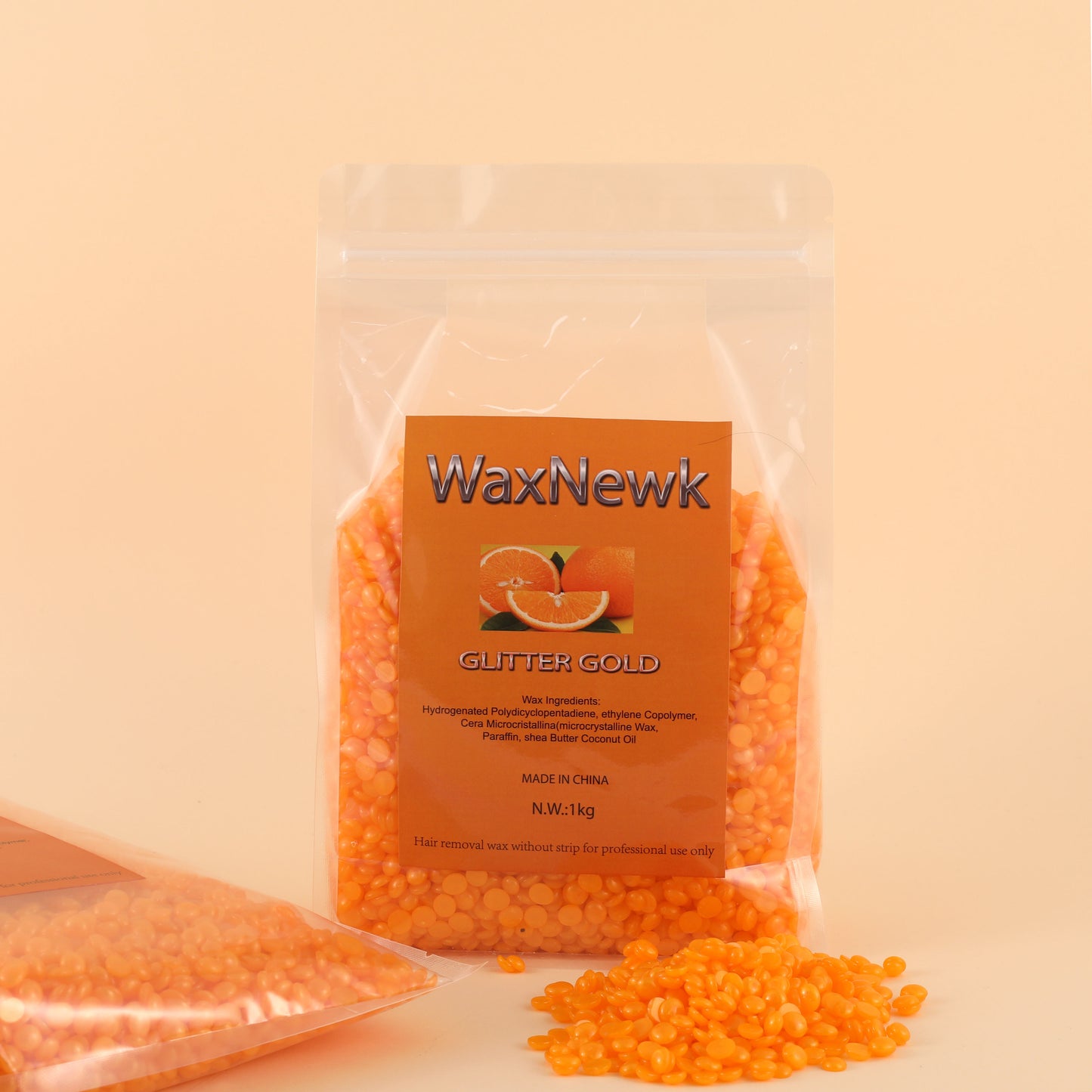 WaxNewK glitter golden 1kg customize private label waxing bean premium orange scent hard wax rosin free gel depilatory Wax